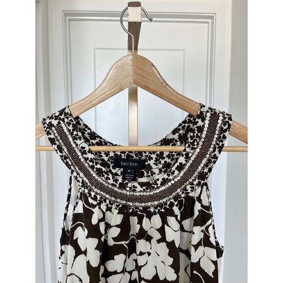 Karen Kane Halter Beaded Floral Print Flouncy Shift Dress Brown Womens Medium - Picture 3 of 6
